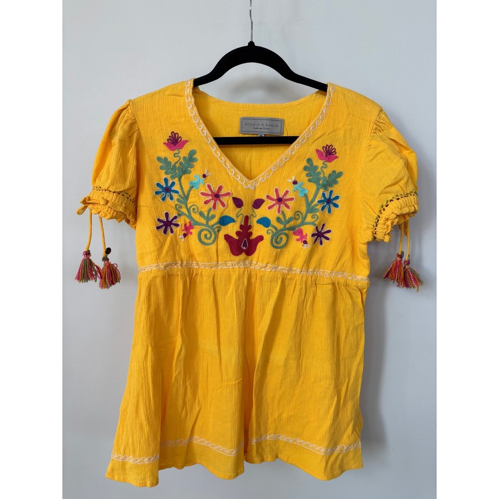 Double D Ranch Yellow Embroidered Floral Tassel Peasant Blouse Top Medium